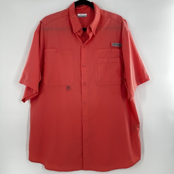 Columbia PFG Button Down Shirt Large Mens Pink Omni Shade SS ~ Fishing ~ Outdoor - Picture 1 of 12
